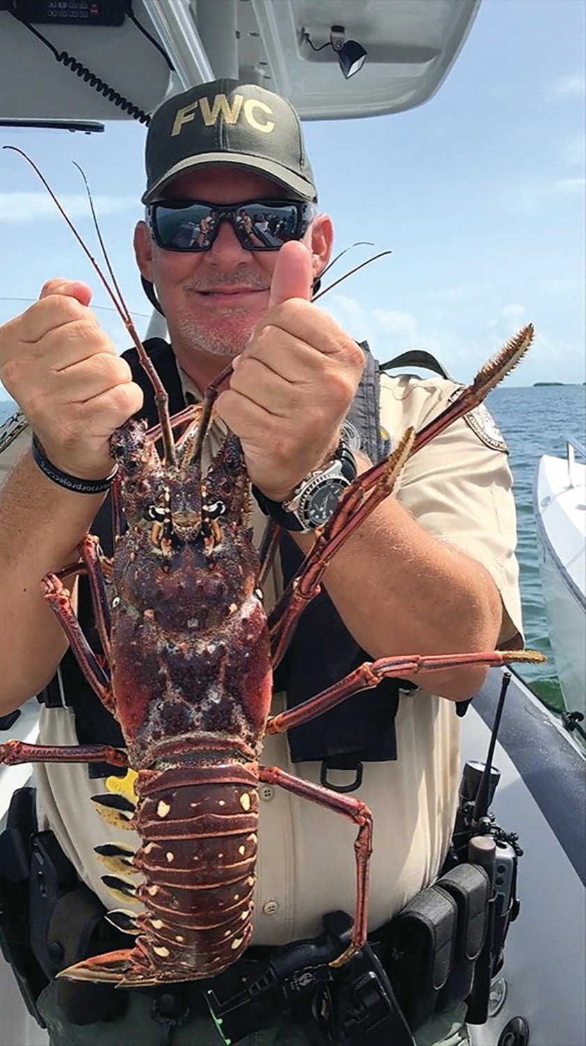Officer Bobby Dube with a spiny lobster.